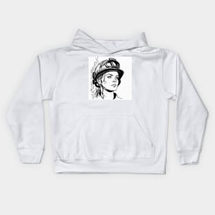 Black and white portrait line art of female firefighter Kids Hoodie